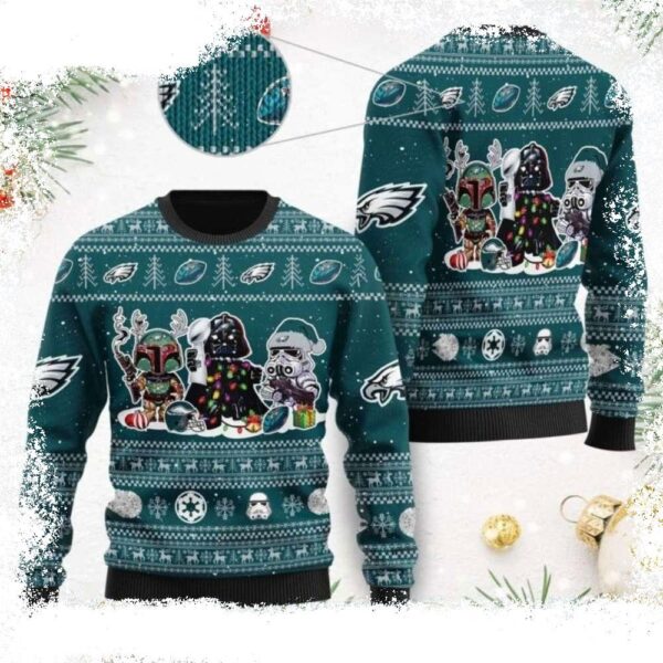 Darth Vader Boba Fett Stormtrooper Philadelphia Eagles Ugly Christmas Sweater - available at - rugbyfanstore.com