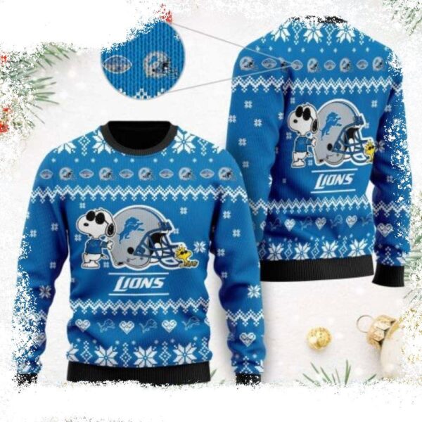 Detroit Lions Christmas Sweater – The Snoopy Show Football Helmet Graphic - available at - rugbyfanstore.com