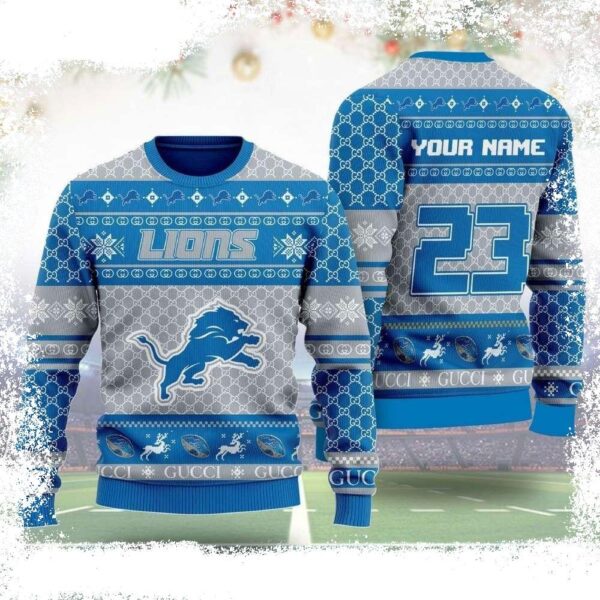 Detroit Lions Gucci Pattern Ugly Christmas Sweater Unique Gift For Fans - available at - rugbyfanstore.com