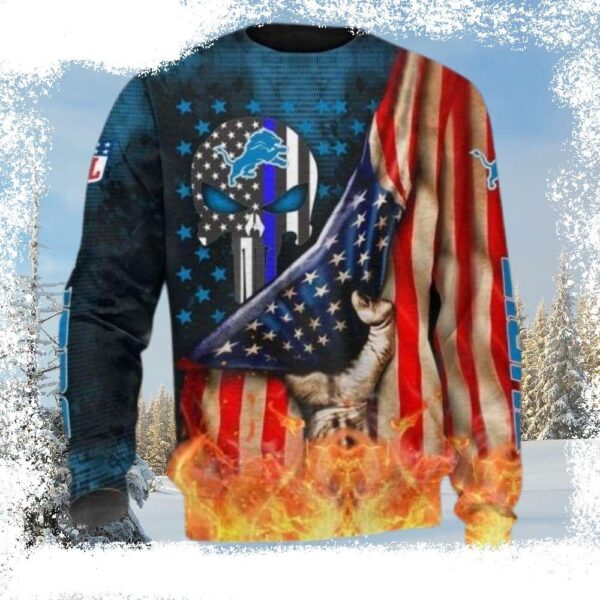 Detroit Lions Logo Print American Flag Skull Burning Ugly Christmas Sweater - available at - rugbyfanstore.com