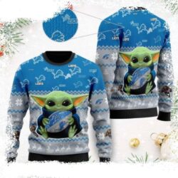 Detroit Lions Ugly Christmas Sweater – Baby Yoda Hug Football Logo Graphics - available at - rugbyfanstore.com