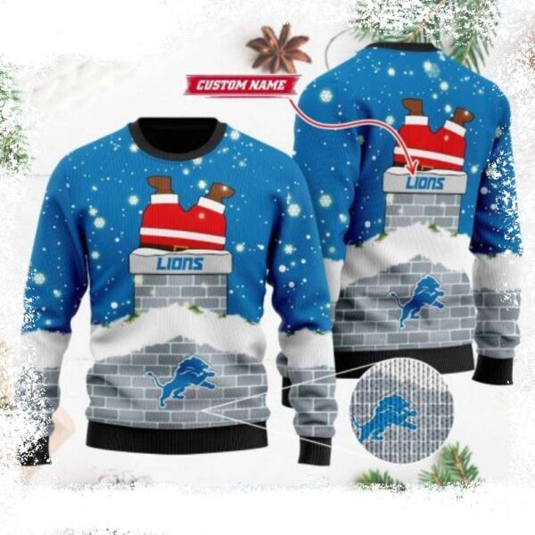 Detroit Lions Ugly Christmas Sweater – Funny Santa Enters Chimney Graphic - available at - rugbyfanstore.com