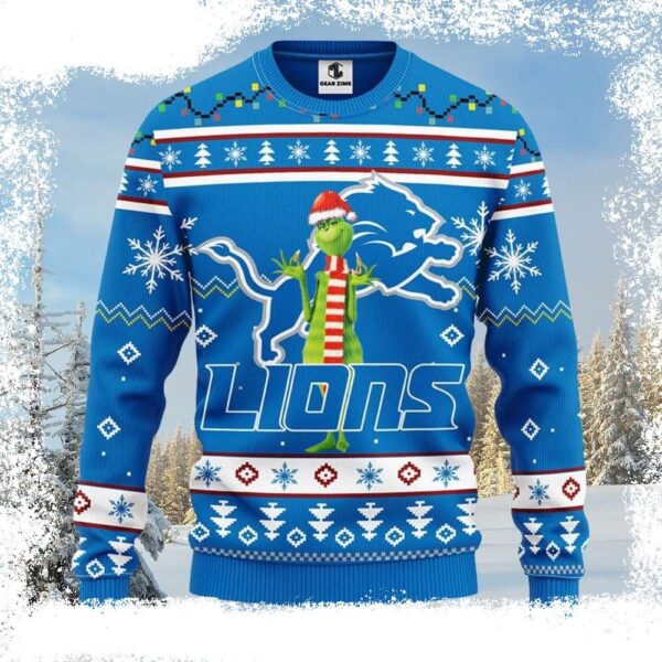 Detroit Lions Ugly Sweater – Festive Grinch Graphic With Candy Canes - available at - rugbyfanstore.com