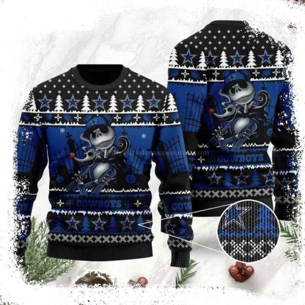 Disney Jack Skellington Halloween Holiday Party Dallas Cowboys All Over Print Ugly Christmas Sweater - available at - rugbyfanstore.com