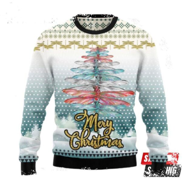 Dragonfly Color Christmas Tree Ugly Christmas Sweaters - available at - rugbyfanstore.com