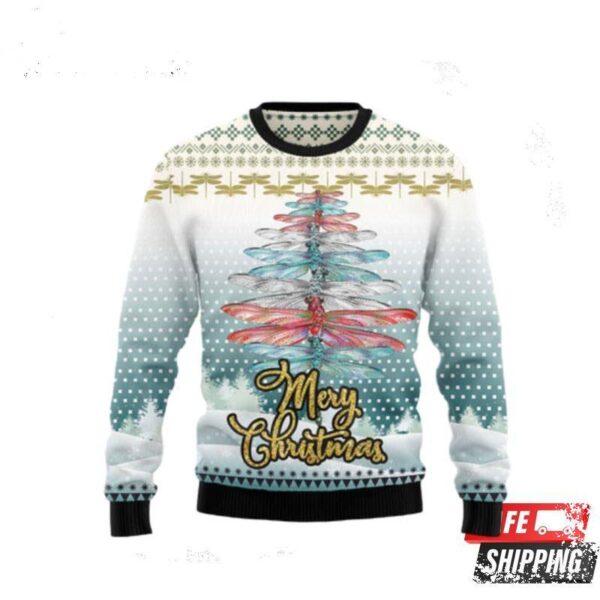 Dragonfly Color Christmas Tree Ugly Christmas Sweaters - available at - rugbyfanstore.com