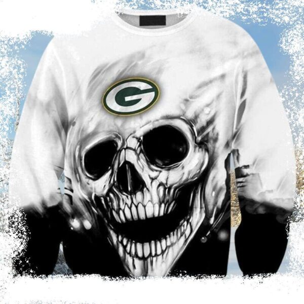 Elevate Your Fandom – White Skull Graphic On Packers Ugly Christmas Sweater - available at - rugbyfanstore.com