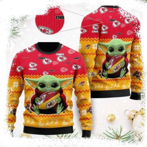 Festive Kansas City Chiefs Sweater Featuring Star Wars Baby Yoda - available at - rugbyfanstore.com