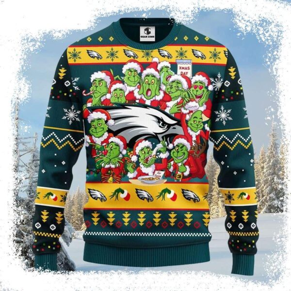 Funny 12 Grinch Xmas Day – Philadelphia Eagles Ugly Christmas Sweater - available at - rugbyfanstore.com