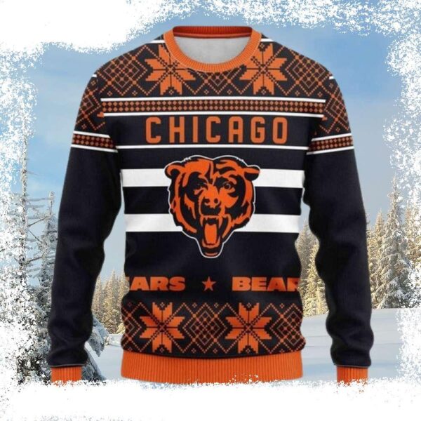 Gifts For Chicago Bears Fans – Ugly Sweater With Logo Print And Snowflake - available at - rugbyfanstore.com