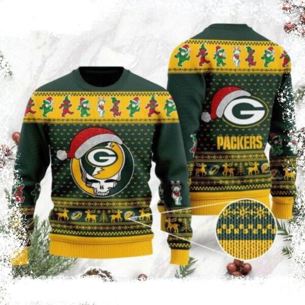 Grateful Dead Skull And Bears Green Bay Packers Ugly Christmas Sweater - available at - rugbyfanstore.com