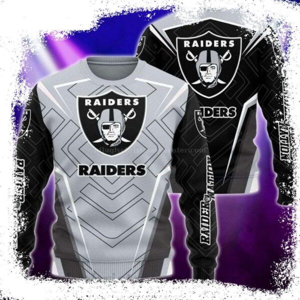 Gray Shirt Logo Printed Raiders Ugly Christmas Sweater – Top Choice For Fans - available at - rugbyfanstore.com