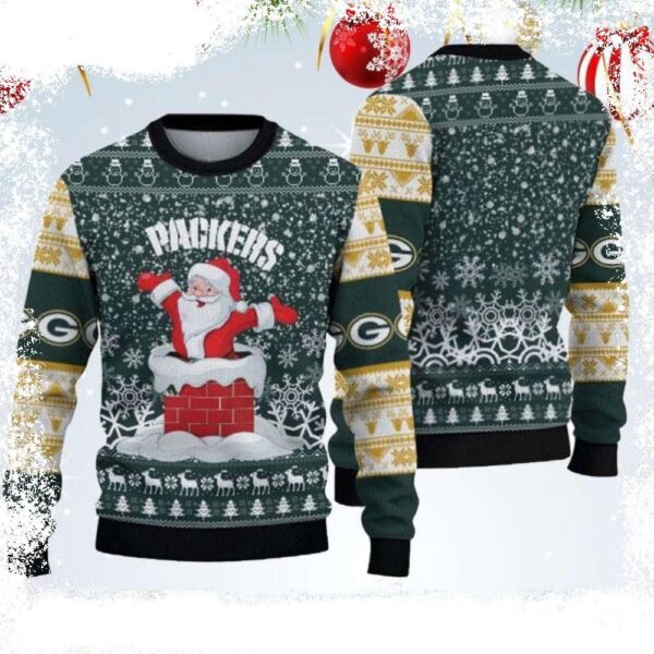 Green Bay Packers Ugly Christmas Sweater With Playful Santa Claus Chimney Graphic - available at - rugbyfanstore.com