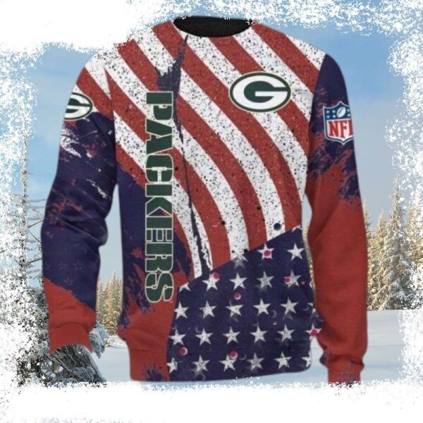 Green Bay Packers Ugly Christmas Sweater With Striking American Flag Motifs - available at - rugbyfanstore.com