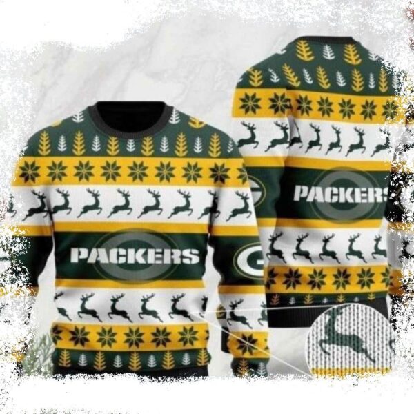 Green Yellow White Reindeers Pattern Graces Packers Ugly Sweater - available at - rugbyfanstore.com