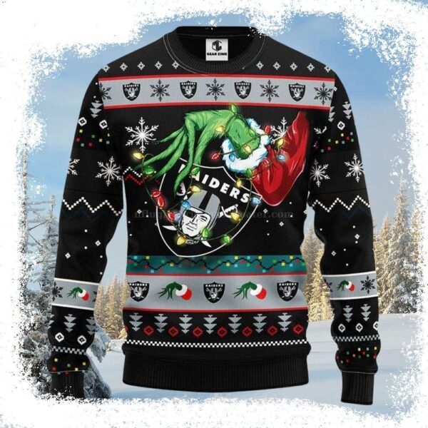 Grinch Hand Logo Raiders Ugly Christmas Sweater – Unique Oakland Raiders Gifts - available at - rugbyfanstore.com