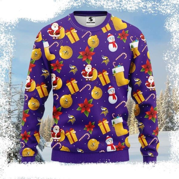 Holiday Spirit In Purple And Gold – NFL Vikings Santa Snowman Christmas Sweater - available at - rugbyfanstore.com