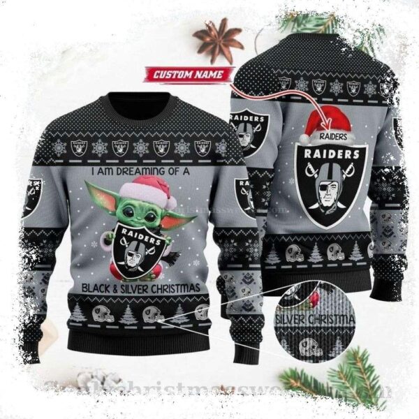 I Am Dreaming Of A Black And Silver Baby Yoda Raiders Ugly Christmas Sweater – Custom Name - available at - rugbyfanstore.com