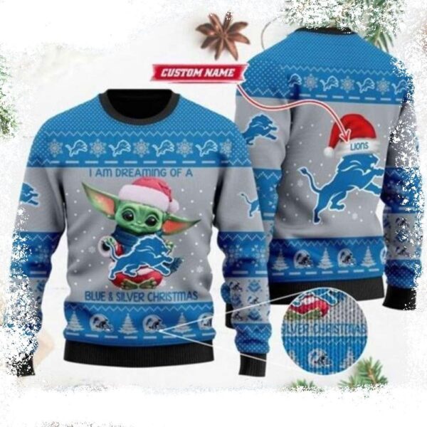 I’m Dreaming Of A Blue Silver Christmas – Detroit Lions Baby Yoda Ugly Sweater - available at - rugbyfanstore.com