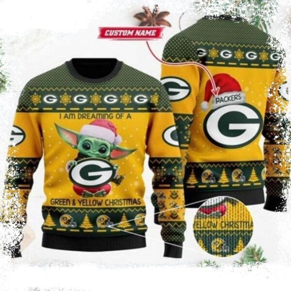 I’m Dreaming Of A Green Yellow Christmas Baby Yoda Packers Ugly Sweater - available at - rugbyfanstore.com