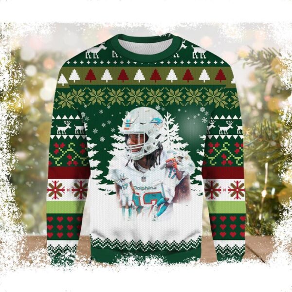 Jaylen Waddle Number 17 Ugly Christmas Sweater - available at - rugbyfanstore.com