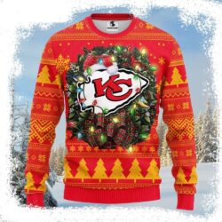 Kansas City Chiefs Ugly Christmas Sweater – Festive Logo Print With Christmas Hat - available at - rugbyfanstore.com