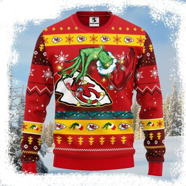 Kansas City Chiefs Ugly Christmas Sweater – Grinch And Festive Lights - available at - rugbyfanstore.com