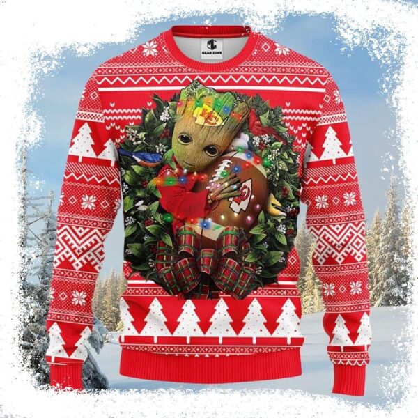 Kansas City Chiefs Ugly Christmas Sweater – Groot Hugging Football - available at - rugbyfanstore.com