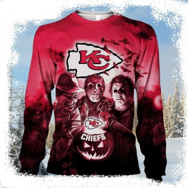 Kansas City Chiefs Ugly Christmas Sweater – Halloween Movie Character Design - available at - rugbyfanstore.com