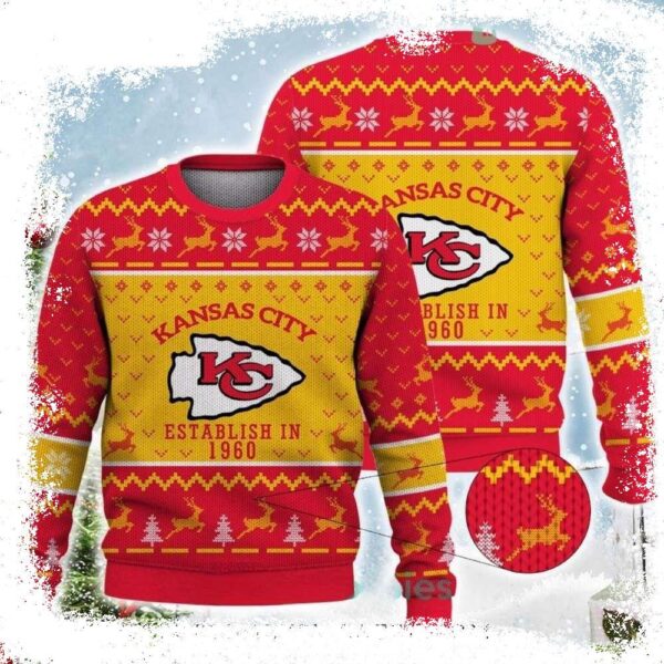 Kc Chiefs Established In 1960 Snowflake Reindeer Pattern Xmas Sweater - available at - rugbyfanstore.com