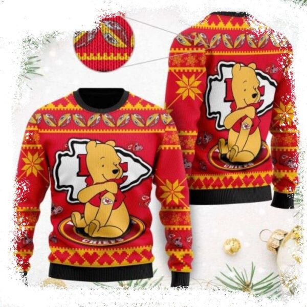 Kc Chiefs Logo Ugly Christmas Sweater With Cute Winnie The Pooh Bear - available at - rugbyfanstore.com