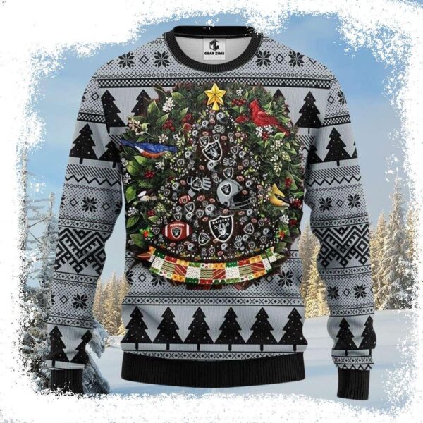 Laurel Wreath And Pine Tree Oakland Raiders Ugly Christmas Sweater - available at - rugbyfanstore.com