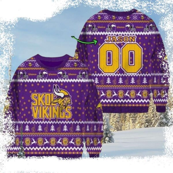 Logo Print Minnesota Vikings – Custom Name Ugly Christmas Sweater For Fans - available at - rugbyfanstore.com