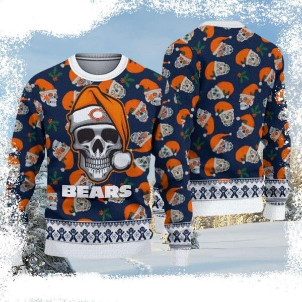 Men’s Chicago Bears Ugly Sweater – Skull Wearing Santa Hat Design - available at - rugbyfanstore.com