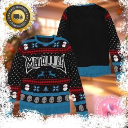 Metallica Christmas Holiday Style Snowflakes Reindeer Pattern Black And Blue 2024 Ugly Christmas Ugly Christmas Sweater Gift For Holiday - available at - rugbyfanstore.com