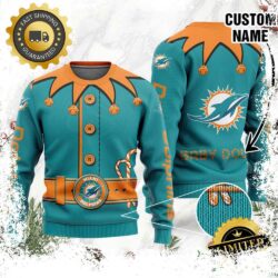 Miami Dolphins Ugly Sweater Custom Name NFL Football Gift For Holiday - available at - rugbyfanstore.com