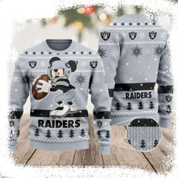 Mickey Mouse Holding A Football Oakland Raiders Ugly Christmas Sweater – For True Fans - available at - rugbyfanstore.com