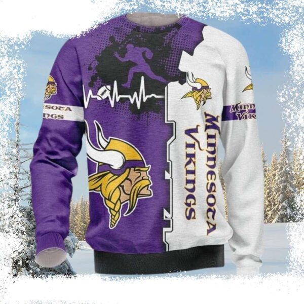 Minnesota Vikings Christmas Sweater – Logo Print With Beating Curve 3D Pattern - available at - rugbyfanstore.com