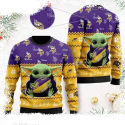 Minnesota Vikings Logo And Adorable Baby Yoda Grogu Graphic Ugly Sweater - available at - rugbyfanstore.com