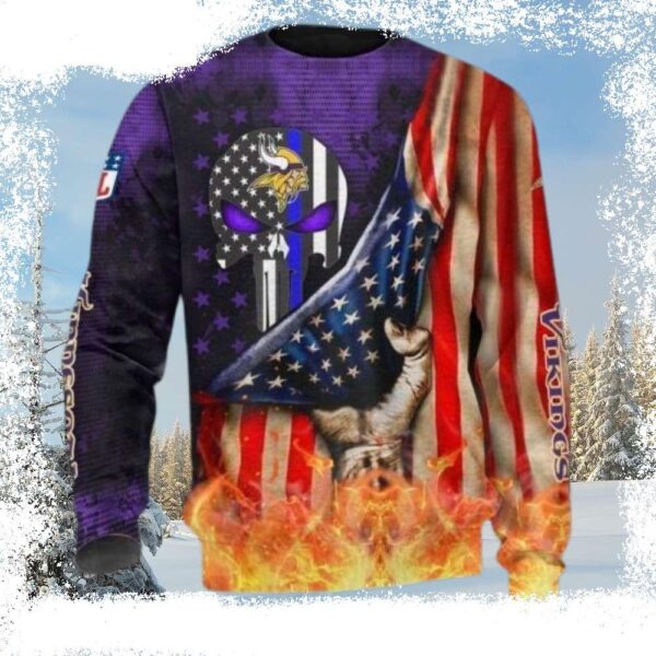 Minnesota Vikings Ugly Christmas Sweater – American Flag Logo Print - available at - rugbyfanstore.com