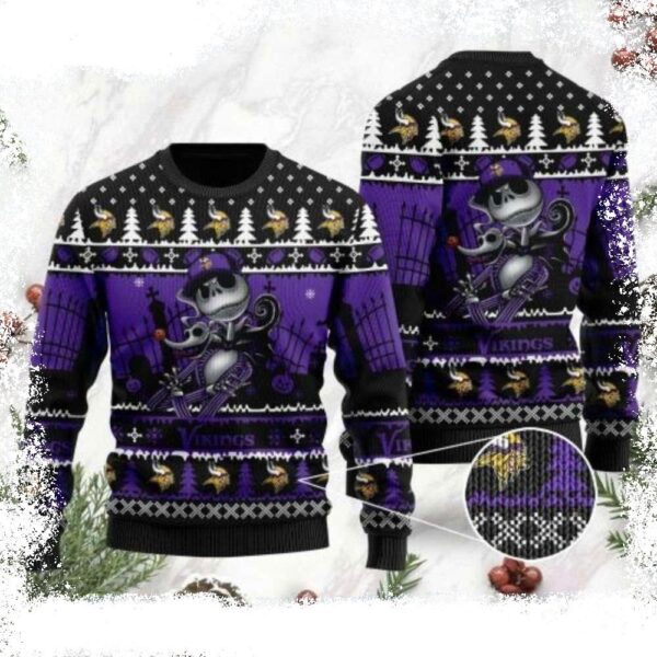 Minnesota Vikings Ugly Sweater – Jack Skellington Design For Him - available at - rugbyfanstore.com