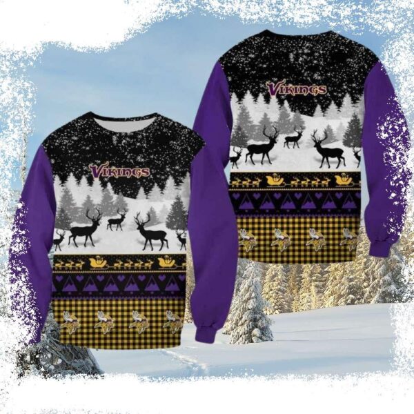 Minnesota Vikings Ugly Sweater – Logo Print With Snowy Pine Forest Pattern - available at - rugbyfanstore.com