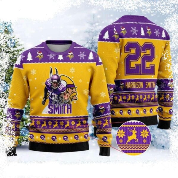 Mn Vikings Harrison Smith Player Christmas Sweater – Custom Name And Number - available at - rugbyfanstore.com