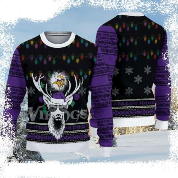 Mn Vikings Ugly Christmas Sweater – Logo Print With Funny Deer Graphics - available at - rugbyfanstore.com