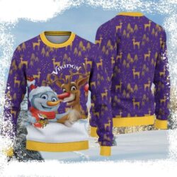 Mn Vikings Ugly Christmas Sweater – Logo Print With Snowman Reindeer Graphics - available at - rugbyfanstore.com