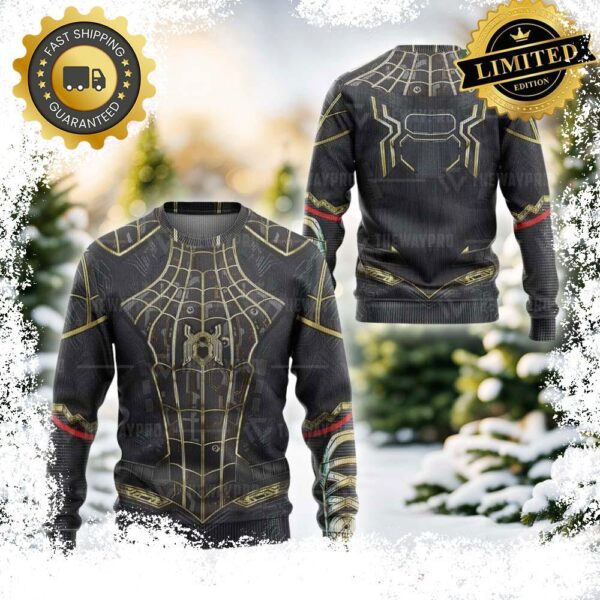 Movie Superhero Spiderman No Way Home Black And Gold Custom Imitation Knitted Ugly Sweater - available at - rugbyfanstore.com