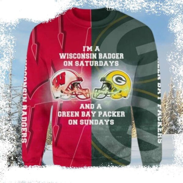 NCAA Wisconsin Badgers And NFL Green Bay Packers Ugly Christmas Sweater - available at - rugbyfanstore.com