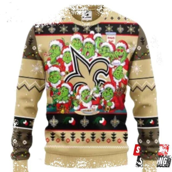 New Orleans Saints 12 Grinch Face Ugly Christmas Sweaters - available at - rugbyfanstore.com