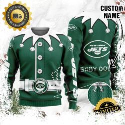 New York Jets Ugly Sweater Custom Name NFL Football Gift For Holiday - available at - rugbyfanstore.com