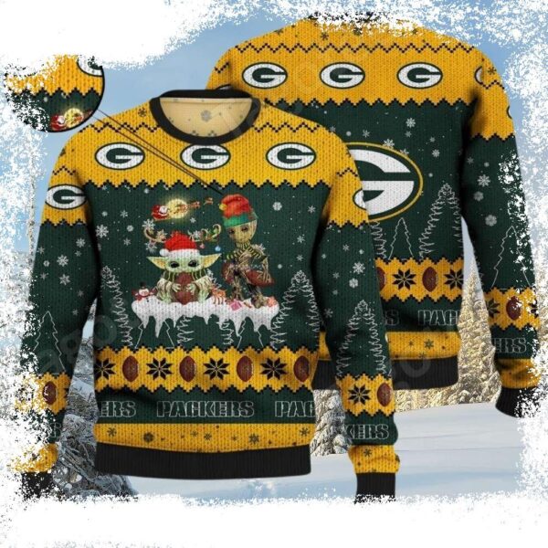 NFL Baby Yoda And Baby Groot Green Bay Packers Ugly Christmas Sweater - available at - rugbyfanstore.com